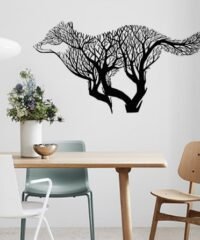 Wolf runs with tree