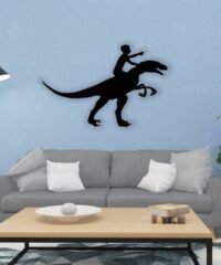 Boy with dinosaur wall decor