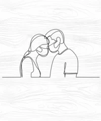 Couple touching heads with mask line art wall decor