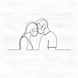 Couple touching heads with mask line art wall decor