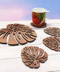 Wood coaster with monstera leaf design for coffee mugs
