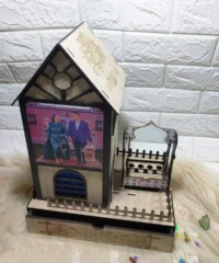 Wooden house lamp with swing and drawer