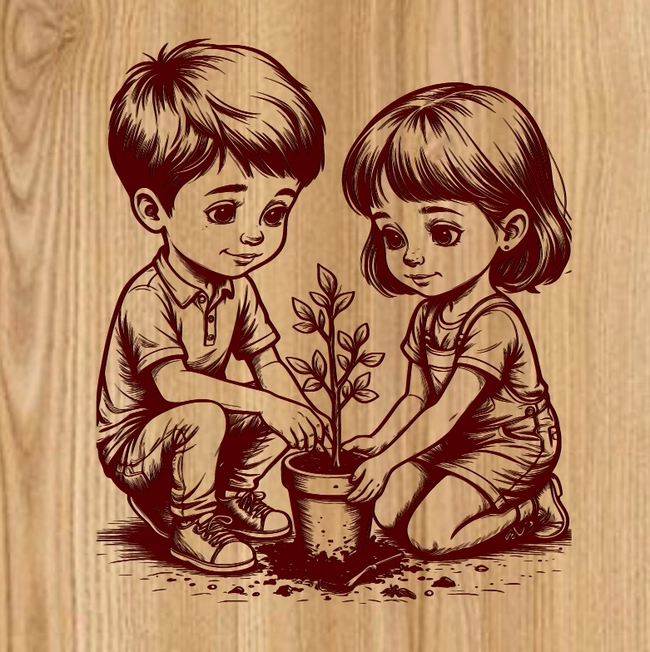 Boy And Girl Planting Trees