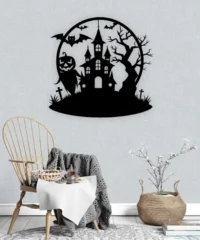 Halloween Haunted House With Tree And Bat Wall Art Halloween Haunted House With Tree And Bat Wall Art