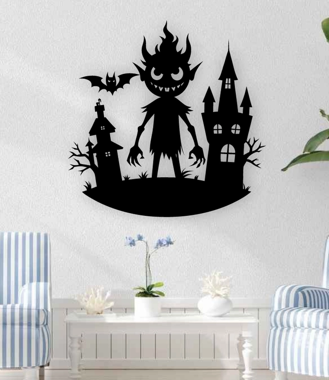 Halloween Monster With Haunted House And Bat Wall Art