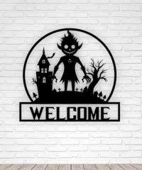 Monster With Tree And Haunted House Welcome Halloween Sign