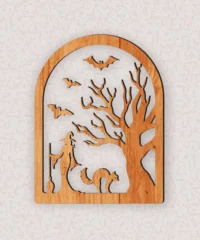 Spooky Halloween Bat And Tree With Witch And Cat