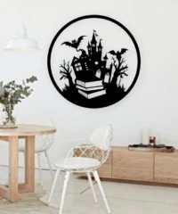 Halloween Haunted House And Book With Bat And Tree Wall Art