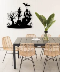 Halloween Monster And Haunted House With Tree And Bat Wall Decor