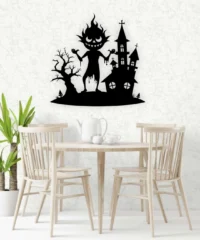Halloween Monster And Haunted House With Tree Wall Decor