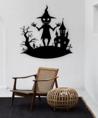 Halloween Monster And Haunted House With Tree Wall Decor