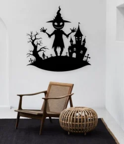 Halloween Monster And Haunted House With Tree Wall Decor
