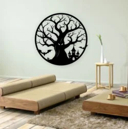 Halloween Tree And Bat With Haunted House Wall Art