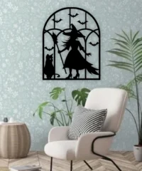 Spooky Halloween Witch And Cat With Bat Wall Decor