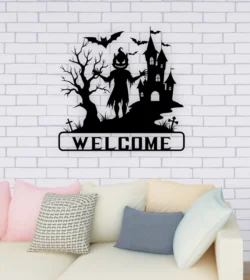 Welcome Halloween With Monster And Tree Haunted House With Bat Sign