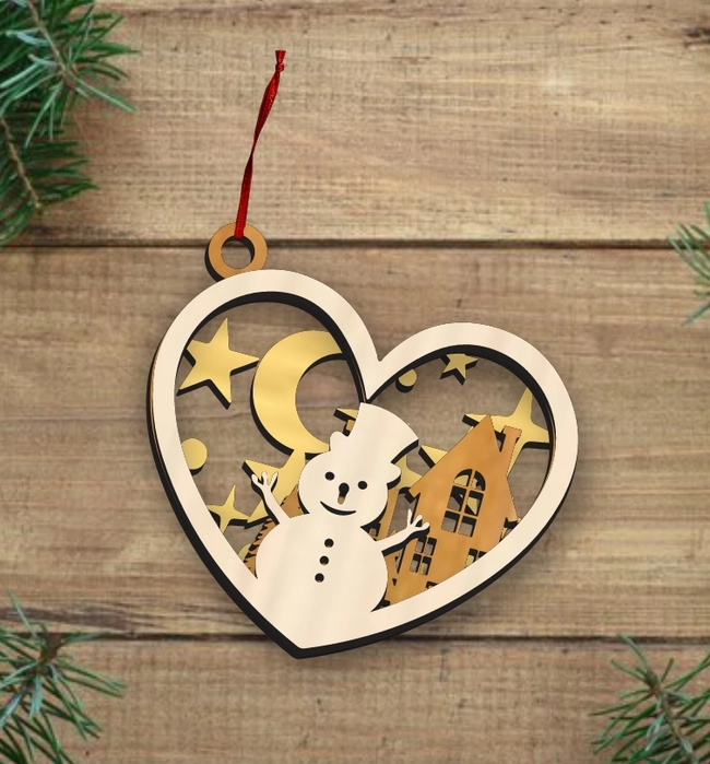Heart Christmas Ornament With Snowman And House, Moon