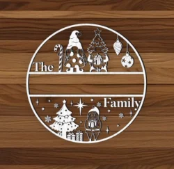 Round Christmas Family Name Door Sign With Gnome And Santa