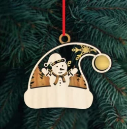 Santa Hat Christmas Ornament With Snowman And Pine Tree