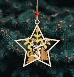 Star Christmas Ornament With Reindeer And Pine Tree, Snowflake