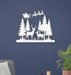 Christmas Forest Scene With Deer And Reindeer Sleigh, Pine Tree Wall Decor