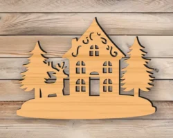 Christmas Scene With Reindeer And House And Tree