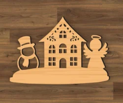 Christmas Scene With Snowman And Angel